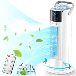 Portable Air Conditioner 90° Oscillating 16″ Tower Fan with Remote 4 Wind Speeds Digital Touch Screen Cool Mist 2 10H Timer